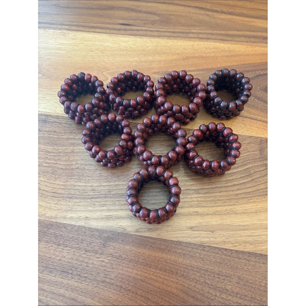 Crate & Barrel Mahogany Wood Red Beaded Napkin Rings Set of 8